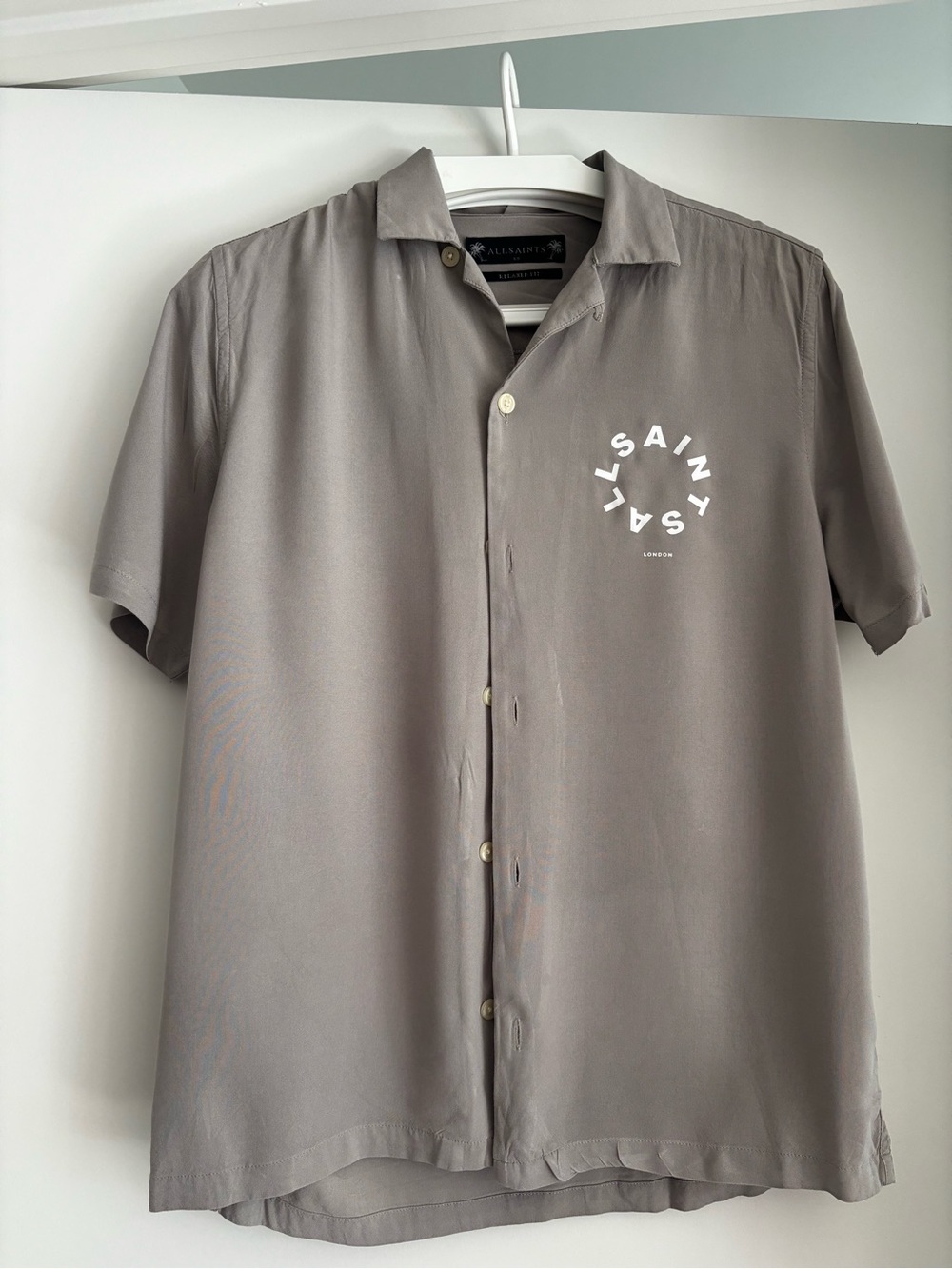 AllSaints Taupe Short-Sleeve Button-Down Shirt with Chest Logo